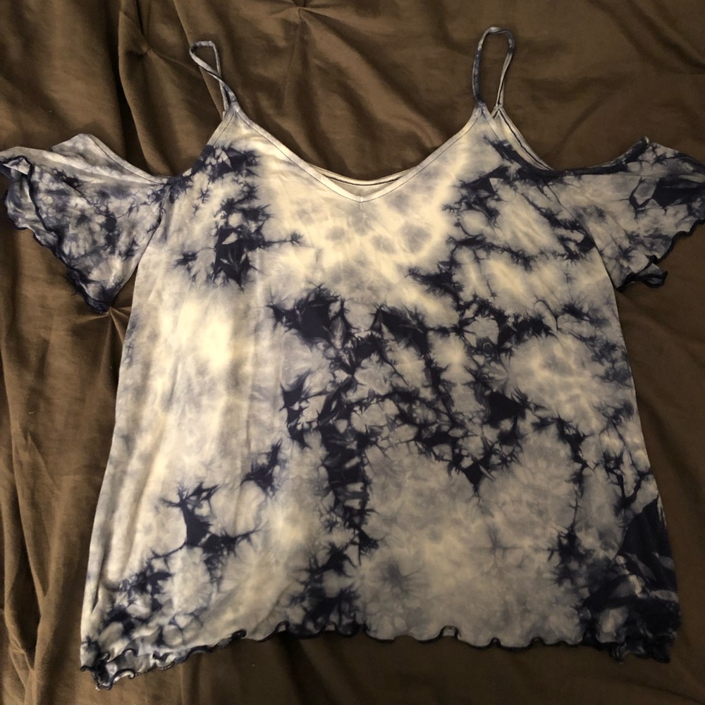 Tie dye blue and white cold shoulder top